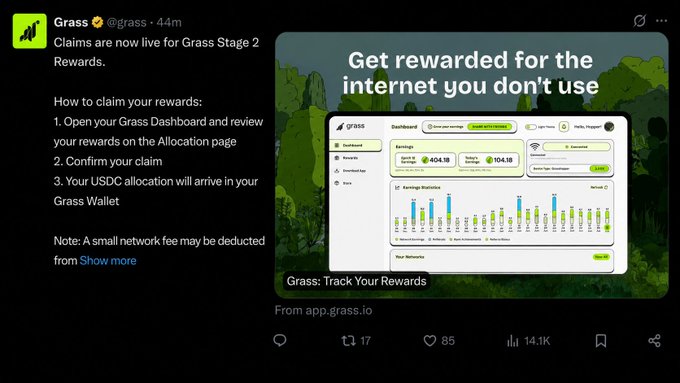 The image is a tweet from @grass announcing that "Claims are now live for Grass Stage 2 Rewards," with instructions for users to claim rewards via their Grass Dashboard, along with a screenshot showing the dashboard displaying earnings of $404.18 and $104.18. The accompanying post notes that with comments disabled, users can't publicly voice concerns about the distribution, which many feel is underwhelming after supporting the network.