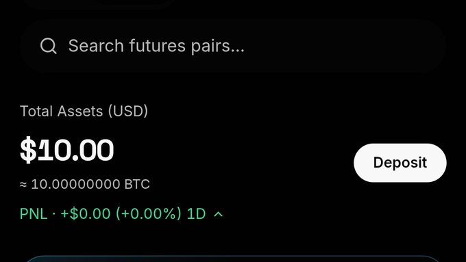 A trading platform dashboard shows a search bar for futures pairs, with "Total Assets (USD)" of $10.00 (≈10.00 BTC) and a "Deposit" button.

The image appears to illustrate the "earn free $10" offer mentioned in the post, likely representing a signup bonus or initial balance displayed on a crypto exchange's futures trading interface.