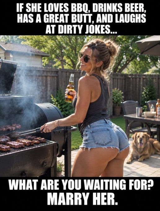 A meme image showing a woman grilling at a backyard BBQ with text reading "IF SHE LOVES BBQ, DRINKS BEER, HAS A GREAT BUTT, AND LAUGHS AT DIRTY JOKES... WHAT ARE YOU WAITING FOR? MARRY HER."