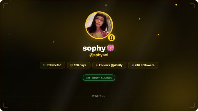 A dark-themed digital profile card featuring user "sophy" (@sphysol) with a verified badge, showing 528 days of activity, 746 followers, and the ID "VERIFY-K1R2QBQE" displayed prominently. The card is branded with "WINIFY.GG" at the bottom, matching the post's coffee giveaway promotion tied to this verification code.