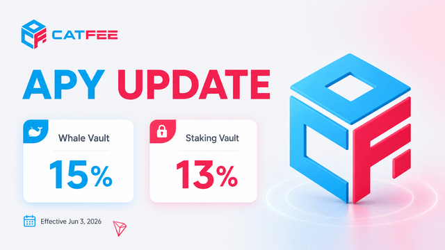 The image shows a poster for the catfeed app update, which appears to be related to cryptocurrency. The text "APY Update" and "Staking Vault" are displayed above an image of a blue and red cube, while the date "effective from June 3rd 2026" is visible below it.