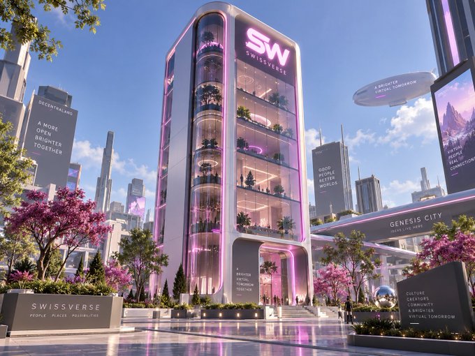 A futuristic building displays the 'SW SWISSVERSE' logo, with surrounding signs reading 'GENESIS CITY' and 'A MORE OPEN BRIGHTER TOGETHER'.