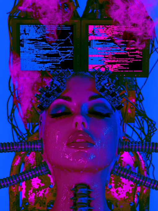 A cybernetic woman with her eyes closed is bathed in blue and pink light, featuring circuit board-like implants on her forehead and mechanical tendrils extending from her sides, with two glitching computer monitors displaying code serving as an otherworldly backdrop—matching the post's promotion of her NFT art piece "Overclocked."
