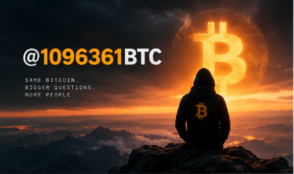 Advertisement reading '@1096361BTC - SAME BITCOIN. BIGGER QUESTIONS. MORE PEOPLE.' featuring a hooded figure overlooking mountains with a large Bitcoin symbol in the sunset sky.