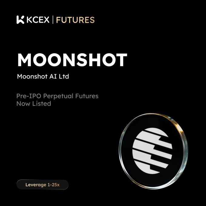 A dark-themed promotional graphic for 'KCEX | FUTURES' announcing the listing of 'MOONSHOT' (Moonshot AI Ltd) Pre-IPO Perpetual Futures with leverage of 1-25x.