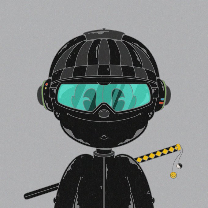 A cartoon illustration of a figure wearing a black tactical helmet with a teal visor, holding a black and yellow striped staff with dangling smiley face charms against a gray background.