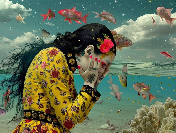 A surreal artistic image of a woman in a yellow floral robe with her hands covering her face, surrounded by red and pink fish swimming in both sky and underwater scenes, with flowers in her hair.