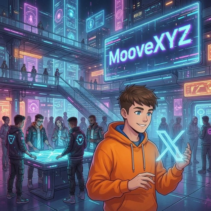 The image features a man wearing an orange hoodie holding up a neon sign that says "moovex". The background of the image shows a group of people standing around, possibly at a convention or event related to technology. There are also some neon signs in the scene, adding to the futuristic atmosphere. The post seems to be promoting a social media platform called moovex, which encourages users to invite their friends and earn rewards for their efforts.