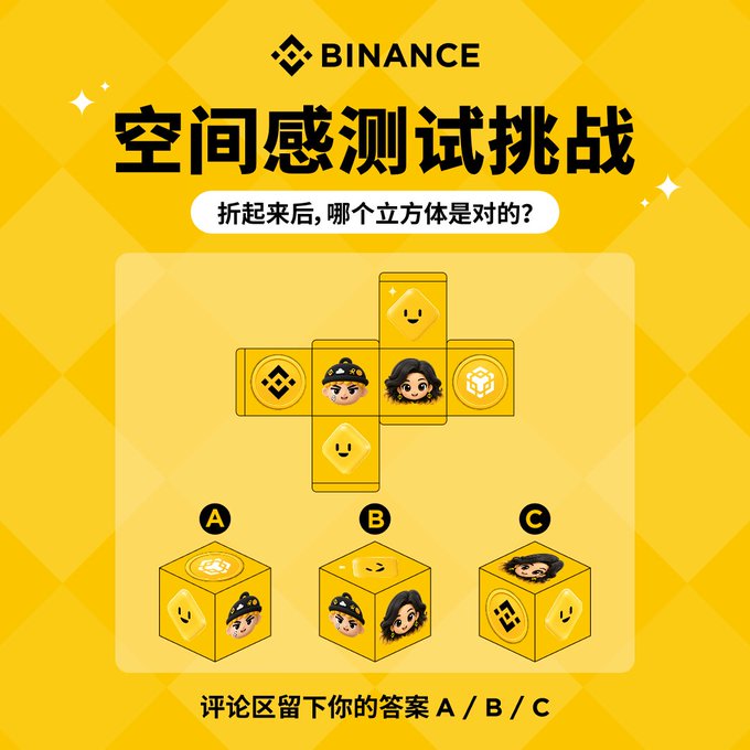 This Binance promotional image features a yellow "空间感测试挑战" (Spatial Sense Test Challenge) showing a cube net with cartoon faces and logos, asking viewers which cube (A, B, or C) results from folding it—a fun puzzle tied to the post's call to comment answers for a chance to win 40U prizes.