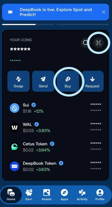A mobile crypto wallet screen titled 'DeepBook is live' shows coins like Sui and DeepBook Token, with circles highlighting the 'Buy' button and a QR code icon.