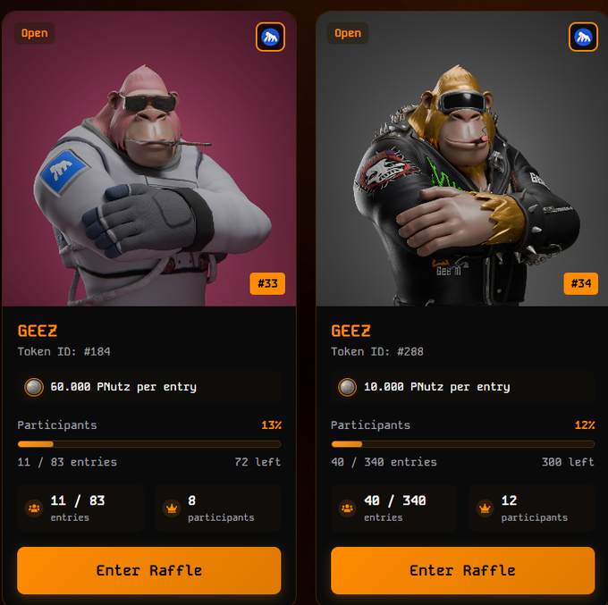 The image shows two 3D-rendered cartoon characters wearing sunglasses and holding guns, with one character being a gorilla and the other a monkey. The background of the image is black, making the characters stand out even more. Below the images, there are details about the raffles they are participating in, including the prizes offered and how to enter the raffles.