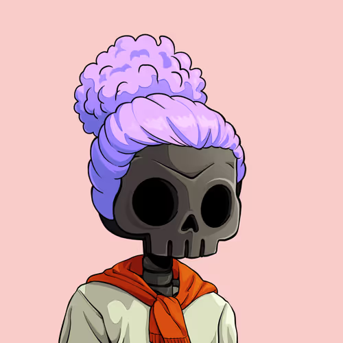 The image features a cartoon-style illustration of a skull wearing a purple wig, standing against a pink background. The skull has a scarf wrapped around its neck and an orange scarf tied around its waist. The caption below the image reads "shout out @NftBroc and @BR0THERWEST for sending me a @DedGorgez u guys are amazing!!".