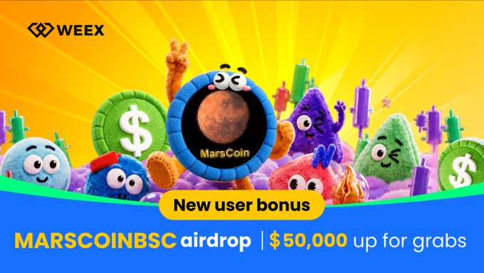 A promotional banner for the WEEX exchange's MarsCoin ($MARSCOINBSC) airdrop, featuring a playful Mars coin mascot surrounded by colorful trading-themed characters and coins, advertising "$50,000 up for grabs" for new users. The design uses vibrant orange and blue gradients to highlight the campaign, which runs from September 29 to October 6, 2026.