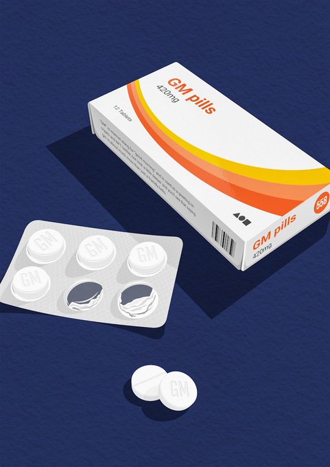 A box of 'GM pills 420mg' is displayed next to a blister pack of pills stamped with 'GM', with two loose pills sitting on a dark blue surface.