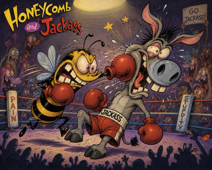 A cartoon-style boxing match titled 'HONEYCOMB and JACKASS' depicts a bee wearing red gloves fighting a donkey labeled 'JACKASS', with 'PAIN' and 'SWEAT' on the ring posts and 'GO JACKASS!' held up in the crowd.