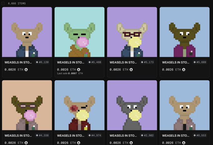 The image shows a grid listing of 6,666 pixel-art weasel NFTs titled "WEASELS IN STO..." (Weasels in Stocks), all priced at 0.0026 ETH with rarity rankings (#5,120, #5,408, #5,173, #5,689, #4,338, #4,074, #2,902, and #5,653), supporting the post's mention of a cheap, speculative NFT gamble.