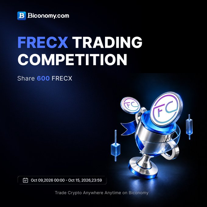 A promotional graphic for Biconomy.com advertises a 'FRECX TRADING COMPETITION' offering a share of 600 FRECX from October 9 to 15, 2026.