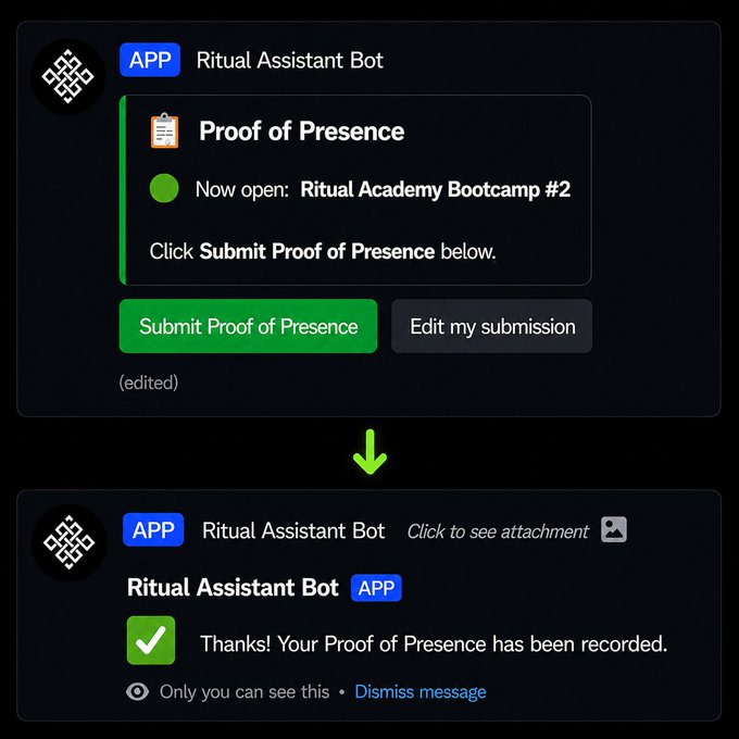 Discord messages from the Ritual Assistant Bot showing a 'Proof of Presence' submission interface for 'Ritual Academy Bootcamp #2', with a confirmation message stating 'Thanks! Your Proof of Presence has been recorded.'