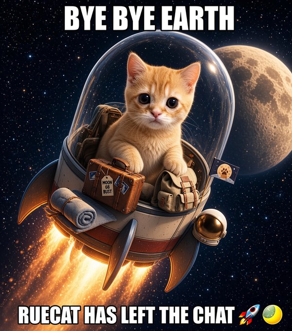 A whimsical digital illustration shows an orange kitten wearing a space helmet, piloting a rocket ship through space with luggage labeled "MOON OR BUST" and the moon visible in the background. The image features the caption text "BYE BYE EARTH" at the top and "RUECAT HAS LEFT THE CHAT" at the bottom, accompanied by rocket and tennis ball emojis.