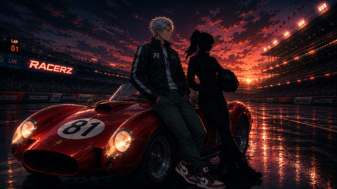 Anime-style illustration of a white-haired man and a dark-haired woman in racing attire leaning against a red classic Ferrari-style race car with the number 81, set against a sunset racetrack backdrop with 'RACERZ' signage and 'LAP 01' display.