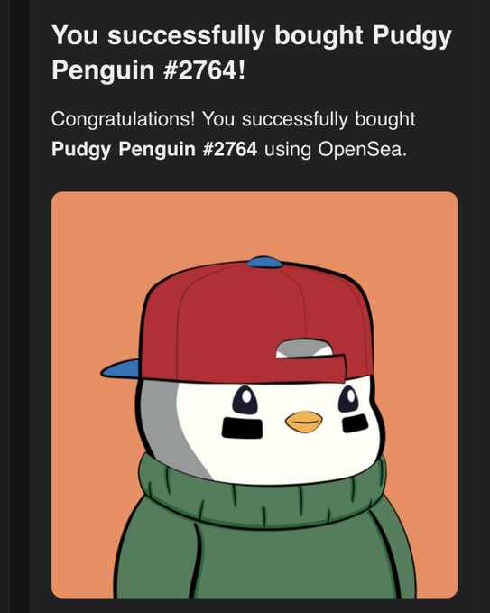 An OpenSea purchase confirmation notification reading 'You successfully bought Pudgy Penguin #2764!' displayed above an image of a penguin character wearing a red cap and green hoodie.
