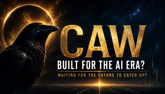 A dramatic graphic showing a black raven silhouetted against an eclipsed sun, with the text 'CAW: BUILT FOR THE AI ERA? WAITING FOR THE FUTURE TO CATCH UP?'