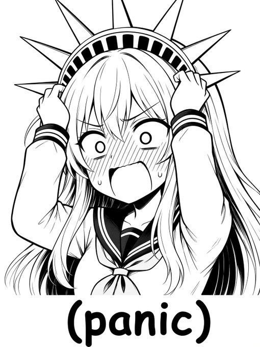 A black-and-white manga-style illustration of a shocked girl with long hair wearing the Statue of Liberty's spiked crown, captioned "(panic)".