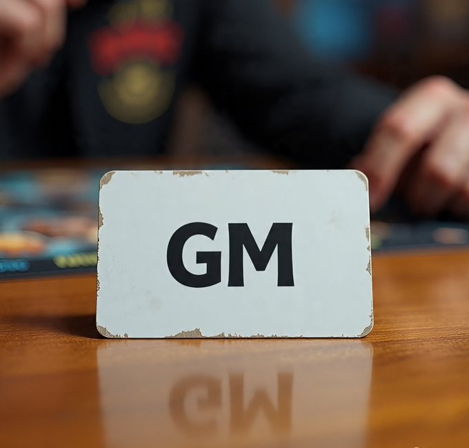 A weathered white card or sign with bold black letters 'GM' sits on a wooden table, with a blurred person visible in the background.