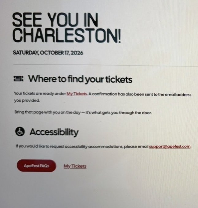 A screenshot of an 'APEFEST' event page titled 'SEE YOU IN CHARLESTON!' for Saturday, October 17, 2026, including instructions for finding tickets and accessibility information.