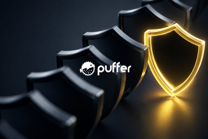 A lineup of black shields with one glowing gold shield standing out, featuring the "puffer" logo on the central black shield. The imagery symbolizes layered security, with the glowing shield representing how Puffer's permission controls and authority safeguards stand out as a critical defense beyond just secure code.