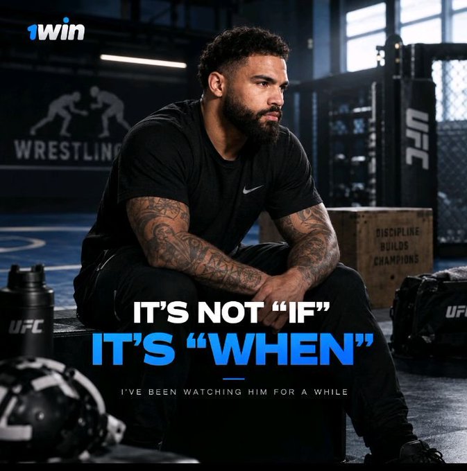 A bearded, tattooed man in black Nike gear sits contemplatively inside a UFC training cage, with the caption "IT'S NOT 'IF' IT'S 'WHEN' - I'VE BEEN WATCHING HIM FOR A WHILE" overlaid on the image, alongside the 1win logo. The promotional image, sponsored by 1win, reinforces the post's message about spotting rising UFC talent Gable early, echoing Jon Jones's confidence that championship success is inevitable rather than uncertain.
