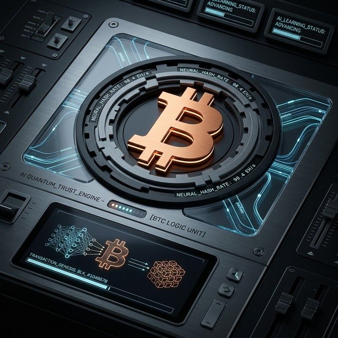 A futuristic 3D render displays a glowing golden Bitcoin logo centered on a high-tech control panel labeled 'BTC LOGIC UNIT,' surrounded by indicators for 'NEURAL_HASH_RATE: 98.4 EH/s' and 'AI_QUANTUM_TRUST_ENGINE.'
