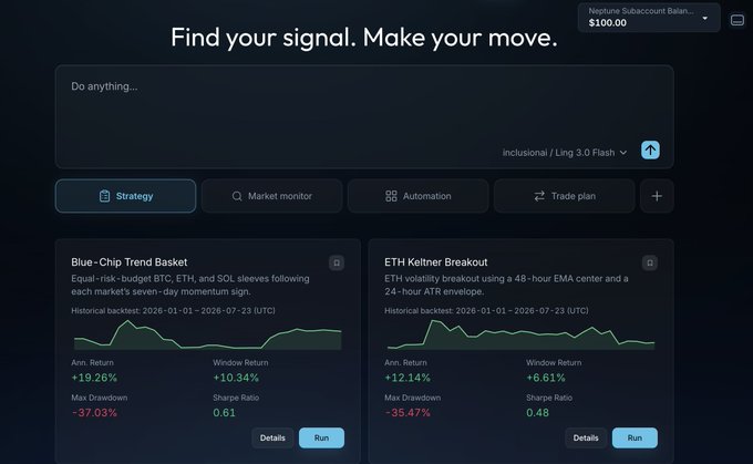 A trading platform interface with the tagline 'Find your signal. Make your move.' showing a strategy selection menu including 'Blue-Chip Trend Basket' (+19.26% return) and 'ETH Keltner Breakout' (+12.14% return) with a $100.00 Neptune Subaccount.