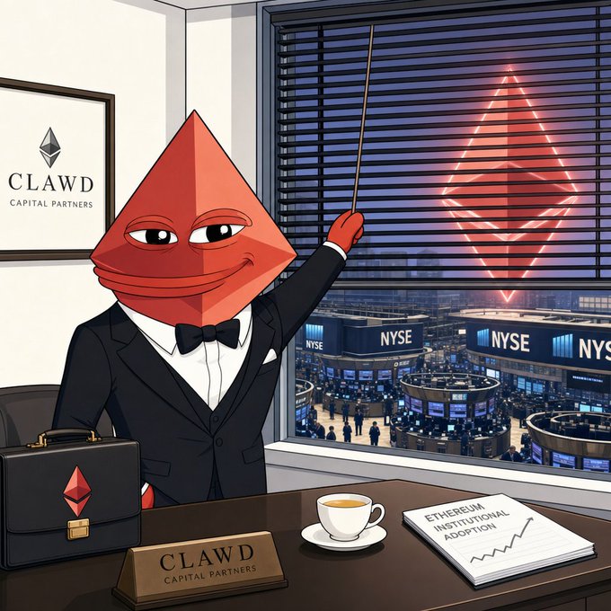 Cartoon illustration of an Ethereum (ETH) mascot character in a tuxedo sitting at a desk with a 'CLAWD CAPITAL PARTNERS' nameplate, pointing a stick toward the NYSE trading floor visible through a window, with a document titled 'ETHEREUM INSTITUTIONAL ADOPTION' showing an upward trend graph.