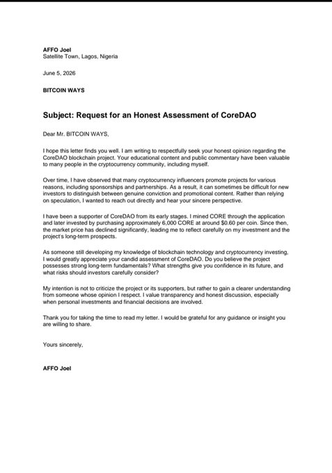 The image shows an email from a person named Joe to another individual, asking for their opinion or perspective on Coretao's opinions about Bitcoin. The email contains a request for information regarding the Coretao's views on Bitcoin, as well as an invitation to provide insights and knowledge in return.