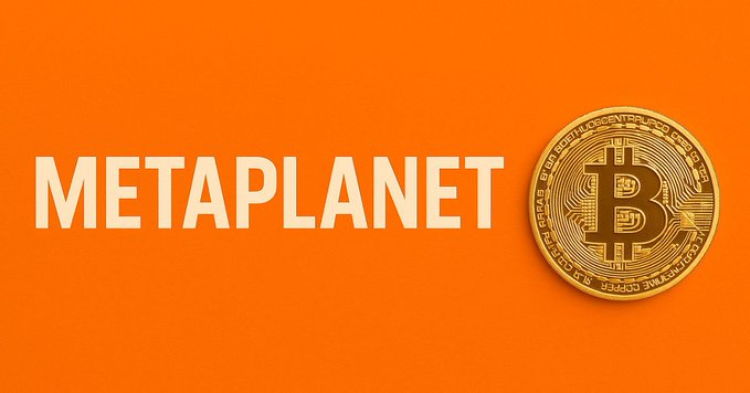 The image features "METAPLANET" in bold cream-colored text alongside a Bitcoin coin graphic, all set against a vibrant orange background, visually representing the company's branding and its significant Bitcoin treasury strategy.
