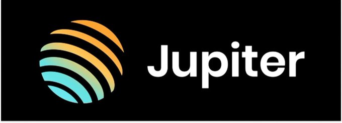 A logo for 'Jupiter' featuring a circular icon composed of curved, horizontal stripes in a gradient of teal and orange, set against a black background.