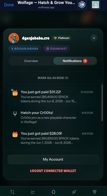 An image of a cell phone screen displaying an app screen filled with several messages, including updates from a cryptocurrency exchange called Wolfswap. The main focus is on a message alerting users about their daily earnings from the exchange and encouraging them to continue using the platform for financial gains. This information is important because it highlights the daily fluctuations that occur in the crypto market and emphasizes the potential benefits of investing in cryptocurrencies through the use of such exchanges like Wolfswap.