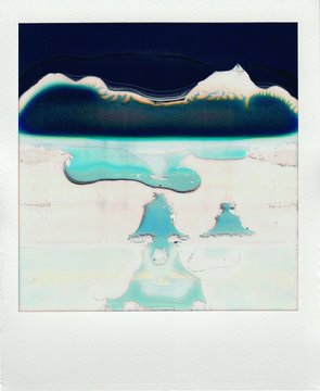 A mixed-media artwork featuring layered textures, with dark blue mountainous shapes at the top and turquoise, fluid forms resembling water or reflections below.