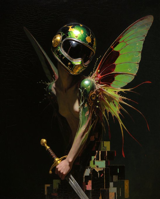 A dark, surreal portrait of a slender figure in an ornate green and gold helmet with butterfly-like wings, gripping a sword against a black background, fitting the "Armed Beauty 2/2" title and 22.22 ꜩ (Tezos) value from the post.