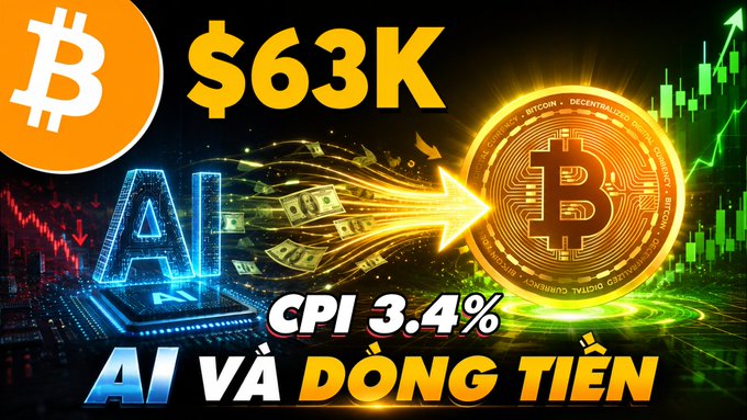 A graphic featuring a Bitcoin logo, a large gold '$63K' text, 'CPI 3.4%', an 'AI' circuit design, and Vietnamese text 'AI VÀ ĐỒNG TIỀN' against a financial chart background.