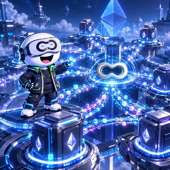 A 3D-rendered illustration of a futuristic mascot character wearing VR goggles and a jacket, standing among glowing technological structures and floating cubes in a sci-fi cityscape with an Ethereum logo.