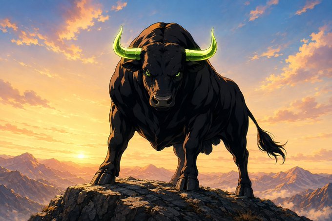 A powerful black bull with glowing neon green horns stands atop a rocky mountain peak at sunset, symbolizing bullish momentum. The image visually reinforces the post's optimistic thesis about the project's potential to drive value for holders through its attention-based economic network.