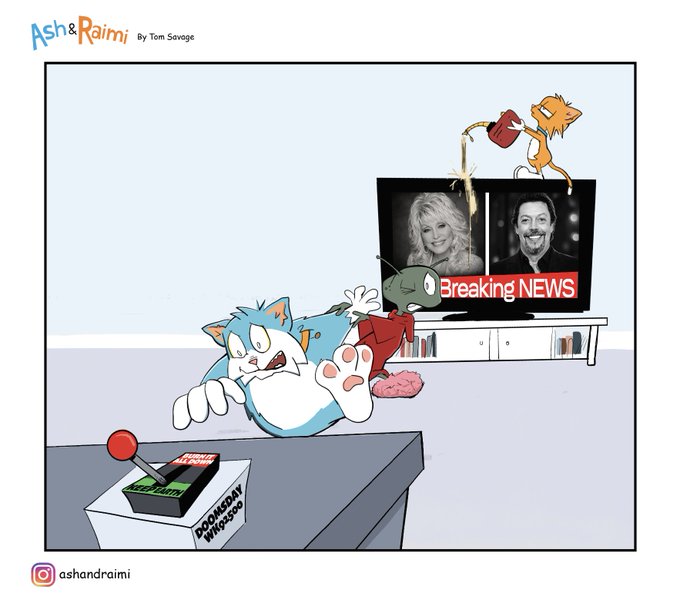 A comic-style illustration titled 'Ash & Raimi by Tom Savage' shows cartoon cats lounging in a living room watching a Breaking News broadcast featuring Dolly Parton and Sam Elliott.