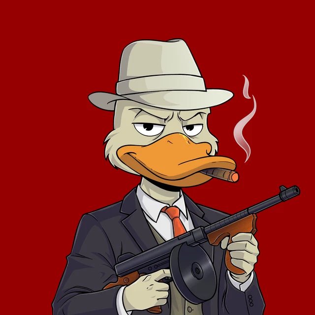 A cartoon illustration of a stern-looking duck dressed as a 1920s gangster, wearing a fedora and suit while holding a Tommy gun and smoking a cigar against a red background.