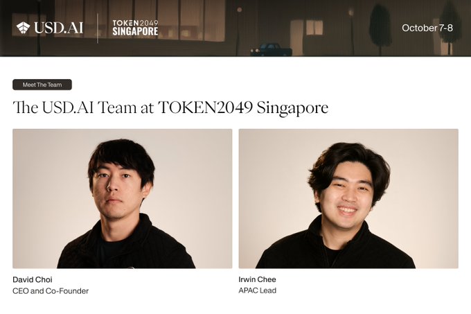 A promotional graphic for USD.AI's attendance at TOKEN2049 Singapore (October 7-8) featuring headshots of CEO and Co-Founder David Choi and APAC Lead Irwin Chee, accompanying a post about meeting cofounder David "0xZergs" Choi and Irwin at the events.