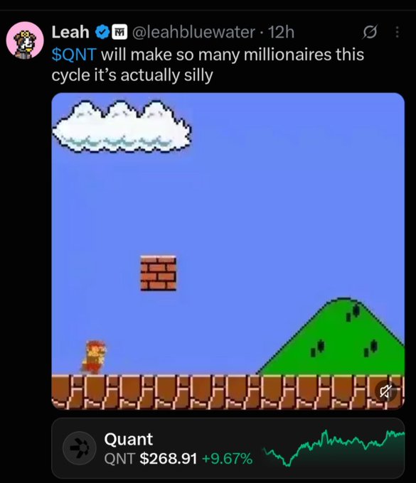 The image shows a tweet from user "Leah" (@leahhbluewater) stating "$QNT will make so many millionaires this cycle, it's actually silly," accompanied by a classic Super Mario Bros. screenshot of Mario facing a brick block and a green hill, and a price chart showing Quant (QNT) at $268.91, up 9.67%. The meme's empty, content-less imagery directly illustrates the criticism in the accompanying post, which complains about crypto posts lacking substance, information, or fact-based opinions—just hype and flashy visuals with no real analysis.