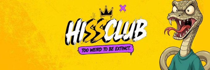 The image features a cartoon snake with its mouth open wide, standing against a yellow background that says "Hiss Club" written in white letters. The snake appears to be giving away 10X GTD spots for followers of @Hissclubnft on Instagram and Twitter.