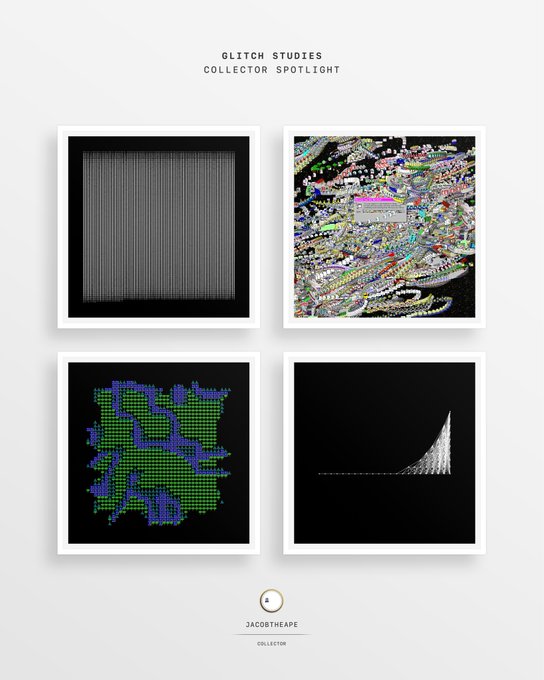 A 'GLITCH STUDIES COLLECTOR SPOTLIGHT' graphic features four square glitch-art pieces, crediting 'JACOBTHETAPE' as the collector.