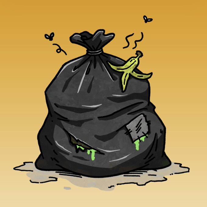 A cartoon illustration of a tied black garbage bag with a banana peel on top, flies buzzing around it, and green liquid leaking out, set against an orange background.